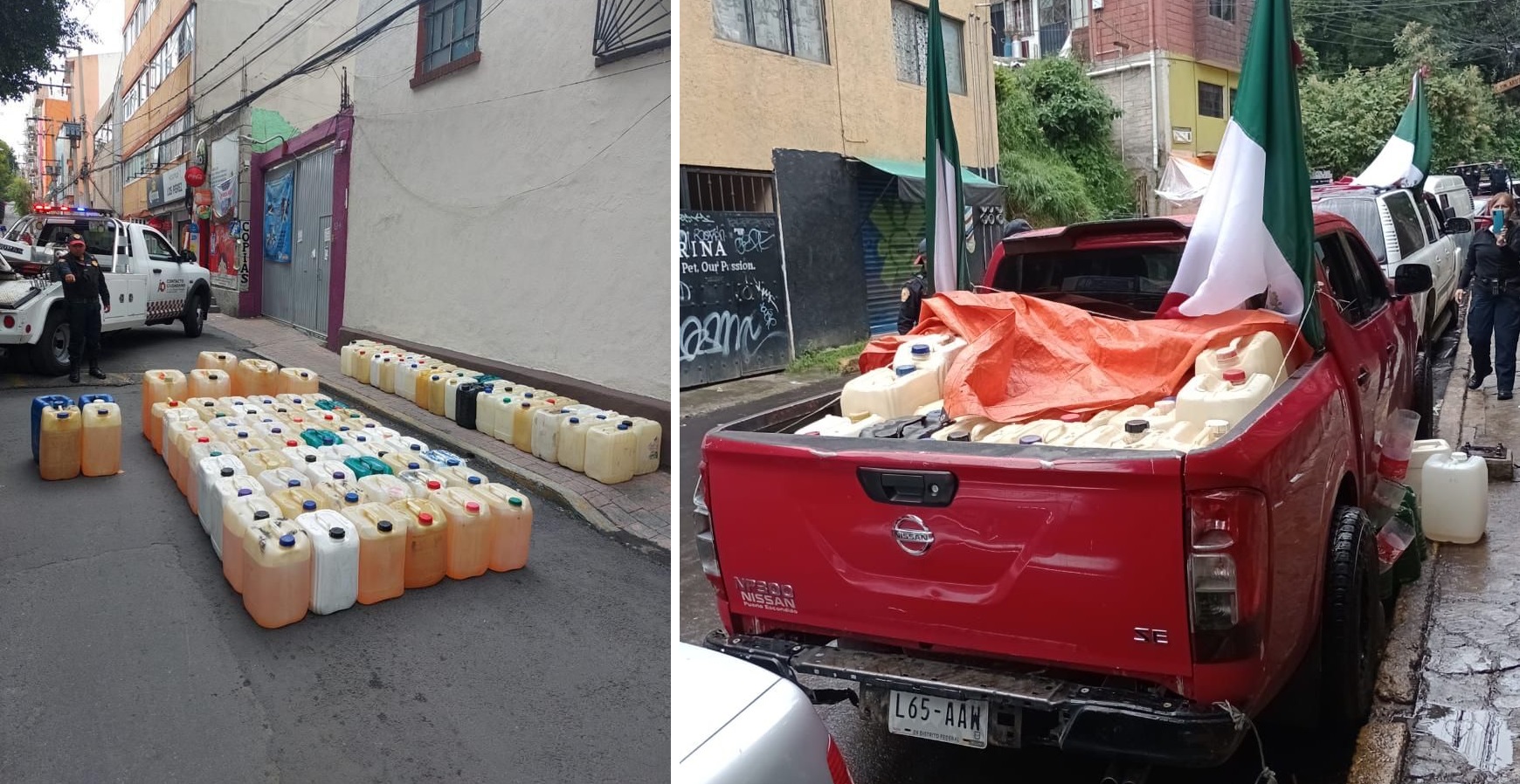Elementos de Blindar ÁO detuvieron a tres presuntos delincuentes que comercializaban de manera ilegal gasolina guardada en contenedores de 20 y 60 litros.